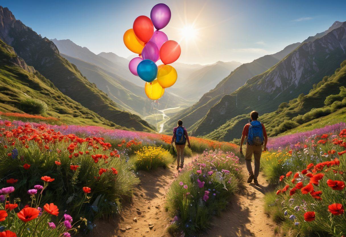 A vibrant scene capturing the essence of joyful adventures: a diverse group of travelers hiking on a sunlit mountain trail, laughter echoing among them; balloons and butterflies floating in the air symbolize freedom and joy; a panoramic view of a valley adorned with blooming flowers, signifying life's beauty; warm, uplifting colors to evoke happiness and exploration. super-realistic. vibrant colors. 3D.