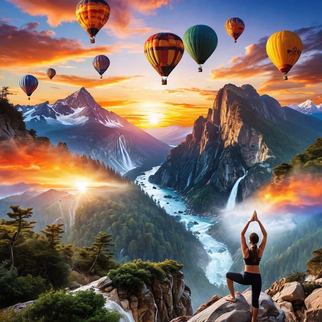 A dynamic collage depicting thrilling travel experiences, showcasing a person joyously hiking in the mountains, another capturing a breathtaking sunset by the beach, and a serene moment of someone practicing yoga in nature. Include vibrant landscapes, colorful skies, and subtle elements of adventure like a hot air balloon and a rushing waterfall. Energetic and uplifting atmosphere. super-realistic. vibrant colors. white background.